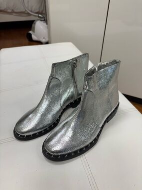 SCHUTZ Metallic Silver Stud-Trim Ankle Booties
